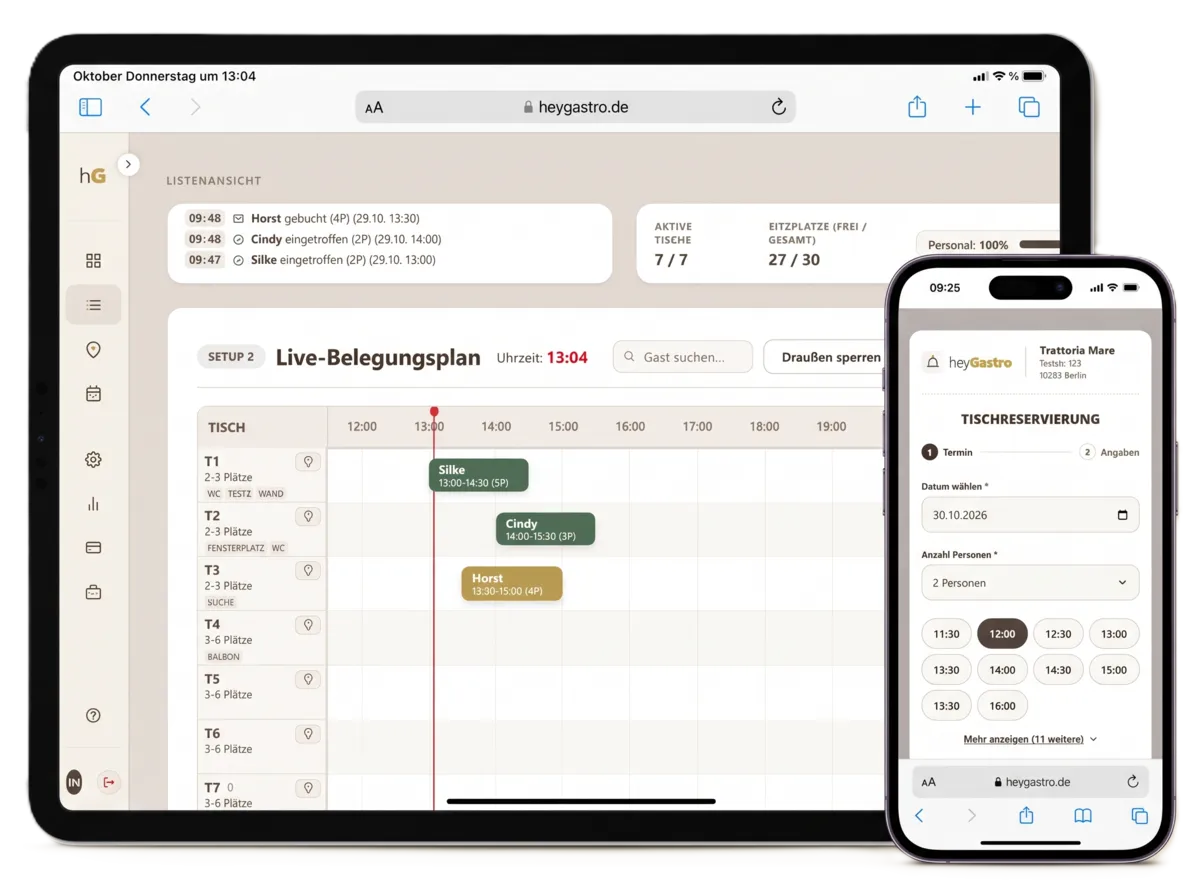 heyGastro Tischverwaltung auf Tablet und Smartphone